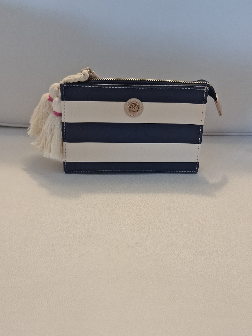 Gorgeous Spartina Striped Navy and White Leather Wristlet Pouch with Tassel